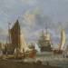 A Dutch Harbour with a Bezsn Yacht and a Gajoot at a Quay with Figures Bathing from a Rowing Boat